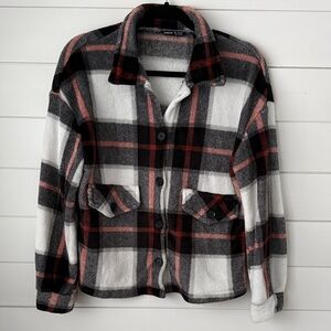 SHEIN Plaid Black and Orange Fuzzy Jacket